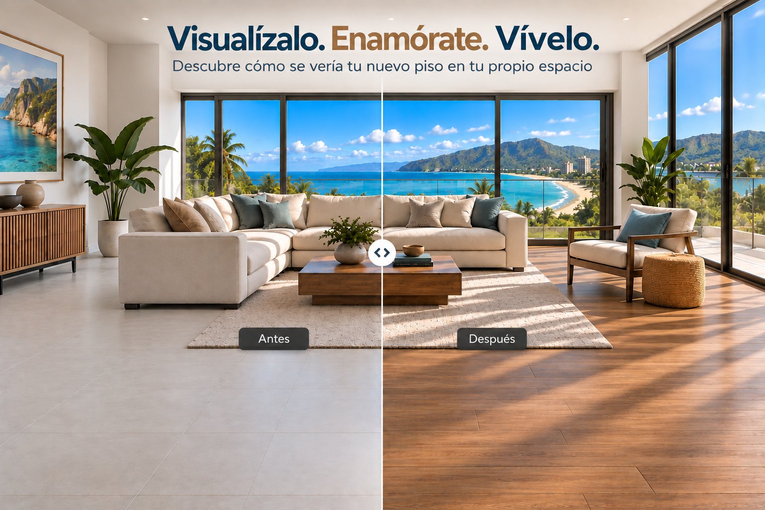 Comparación antes y después de un piso instalado en un espacio real