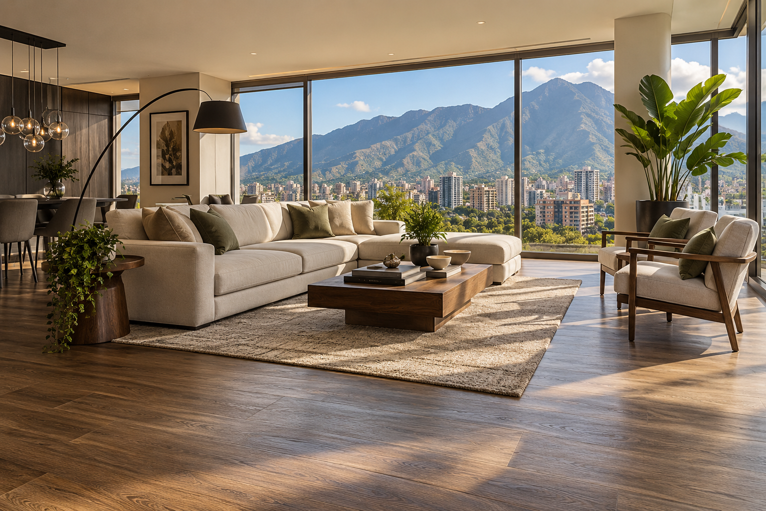Sala contemporánea con piso de madera y vista a la montaña
